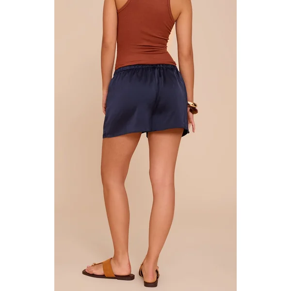 Bleu Marine Short En Satin À Cordon De Serrage