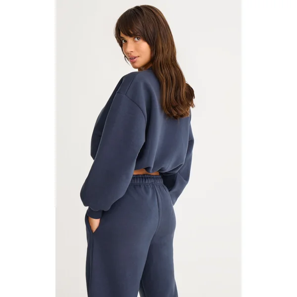 Bleu Marine Sweat-shirt Court Zippé Avec Cordon De Serrage À La Taille