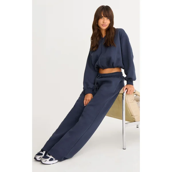 Bleu Marine Sweat-shirt Court Zippé Avec Cordon De Serrage À La Taille