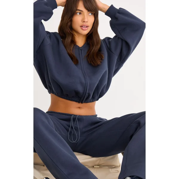 Bleu Marine Sweat-shirt Court Zippé Avec Cordon De Serrage À La Taille