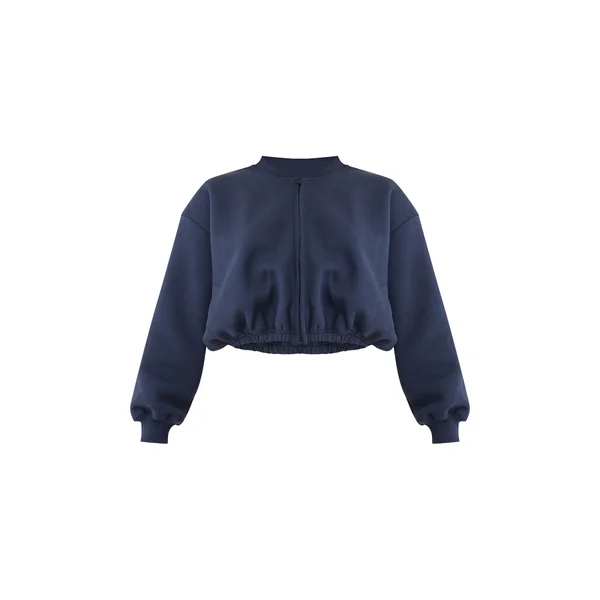 Bleu Marine Sweat-shirt Court Zippé Avec Cordon De Serrage À La Taille