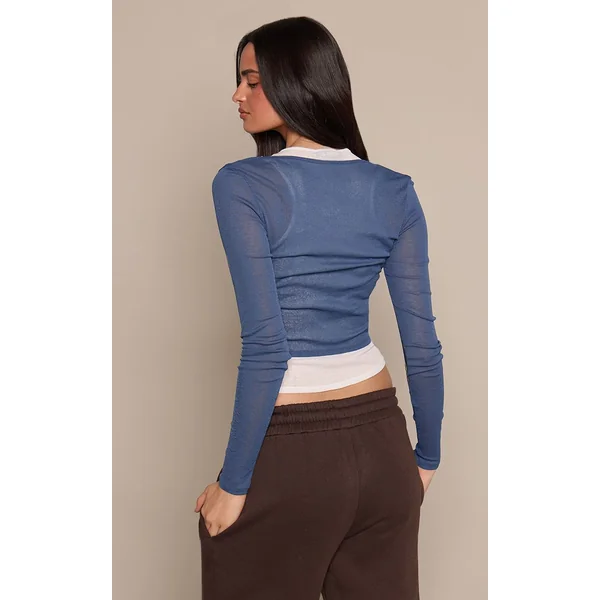 Bleu Marine Top À Manches Longues En Mesh Dévoré À Double Couche