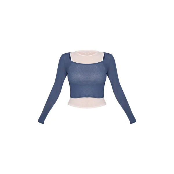 Bleu Marine Top À Manches Longues En Mesh Dévoré À Double Couche