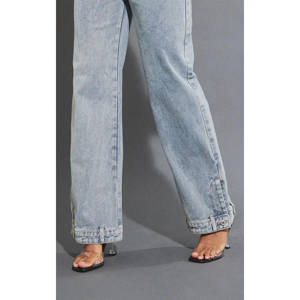 Bleu Moyen Délavé Jean Droit Avec Détail Ceinture À L'ourlet
