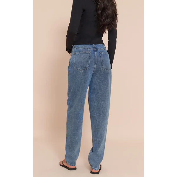 Bleu Moyen Délavé Jean Mom Taille Haute Coupe Longue