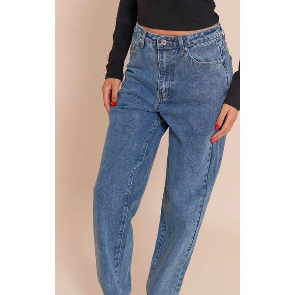 Bleu Moyen Délavé Jean Mom Taille Haute Coupe Longue