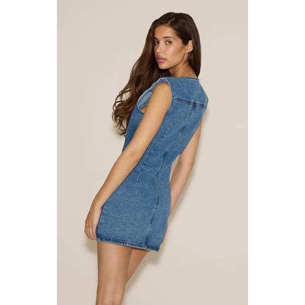 Bleu Moyen Délavé Robe En Jean Style Gilet Boutonnée