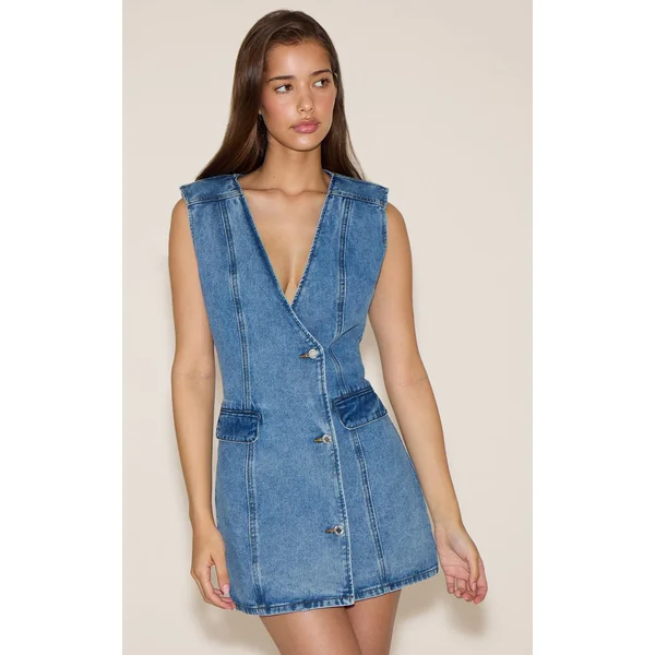 Bleu Moyen Délavé Robe En Jean Style Gilet Boutonnée