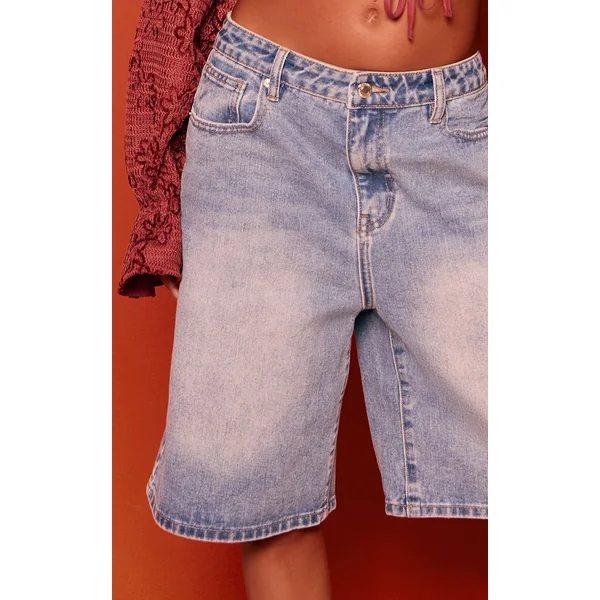Bleu Moyen Délavé Short Long En Jean Taille Basse Coupe Bermuda