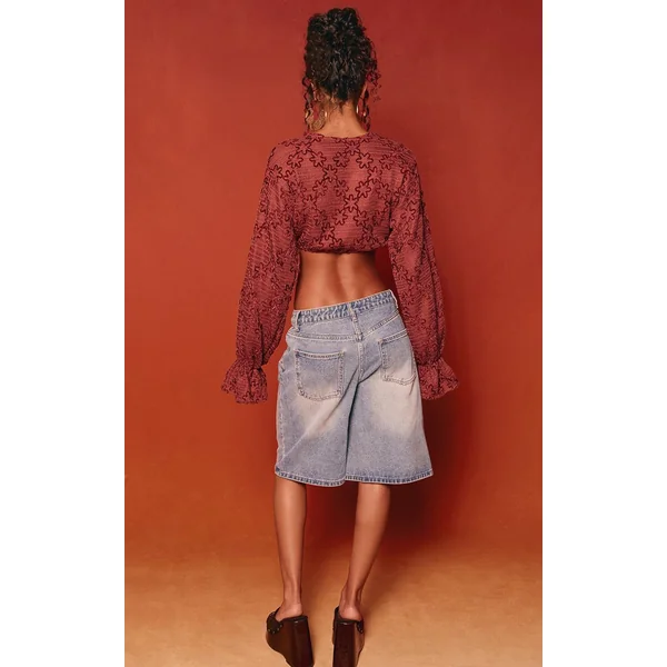 Bleu Moyen Délavé Short Long En Jean Taille Basse Coupe Bermuda