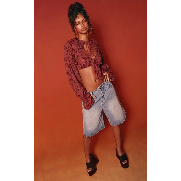 Bleu Moyen Délavé Short Long En Jean Taille Basse Coupe Bermuda