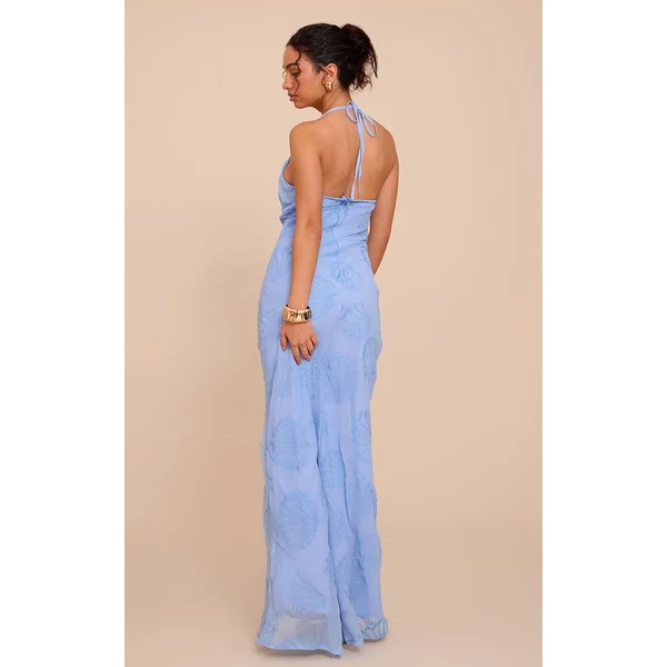 Bleu Pâle Robe Longue En Mousseline De Soie Brodée De Coquillages Avec Col Drapé