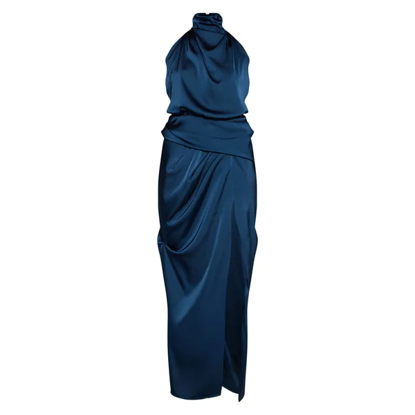 Bleu Pétrole Robe Longue En Satin À Col Montant