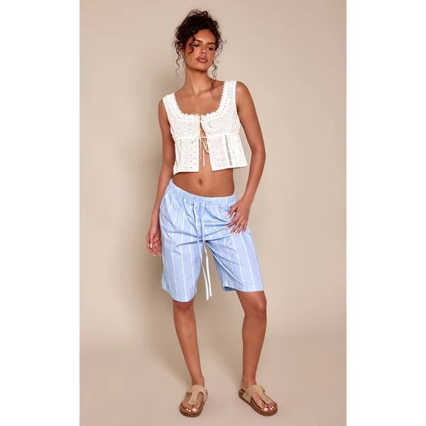 Bleu Short En Coton Rayé À Cordon De Serrage