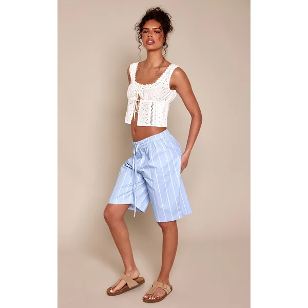 Bleu Short En Coton Rayé À Cordon De Serrage