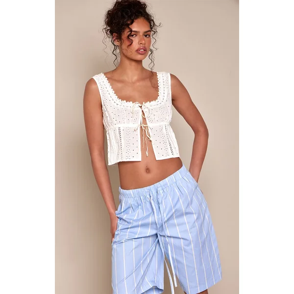 Bleu Short En Coton Rayé À Cordon De Serrage