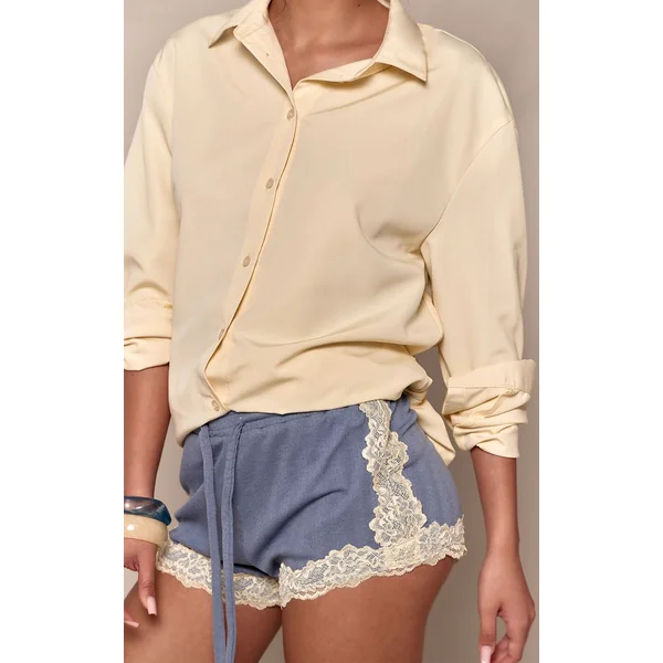 Bleu Short Taille Haute En Pointelle Avec Bordure En Dentelle