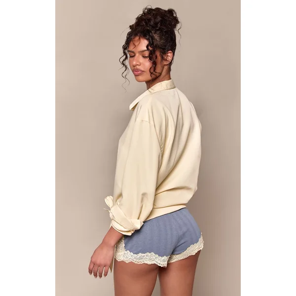 Bleu Short Taille Haute En Pointelle Avec Bordure En Dentelle