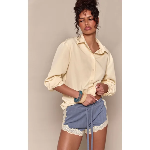Bleu Short Taille Haute En Pointelle Avec Bordure En Dentelle