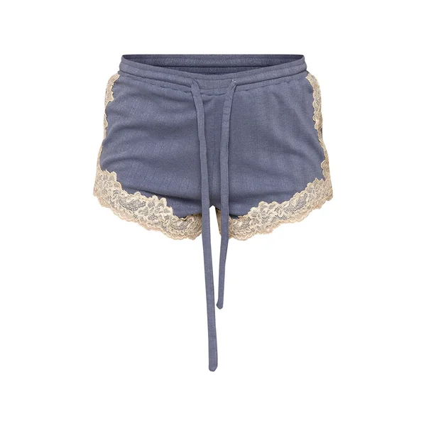Bleu Short Taille Haute En Pointelle Avec Bordure En Dentelle