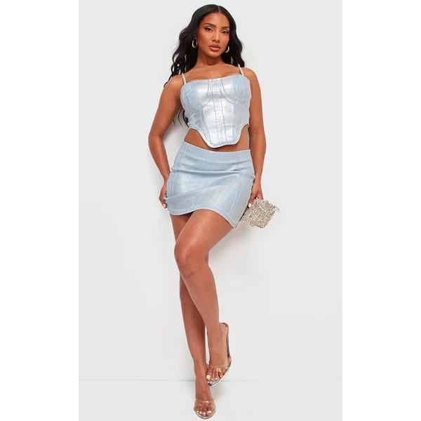 Bleu Top Corset En Denim À Revêtement Métallisé Argenté