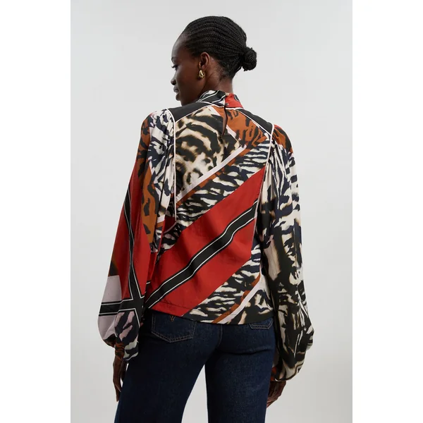 Blouse à Imprimé Animalier en Tencel Fluide Tissé avec Lien au Col