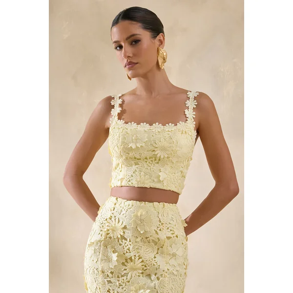 Blythe | Crop top citron en dentelle à encolure carrée