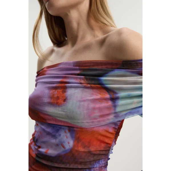 Body en Maille Imprimé Floral à Épaules Dénudées