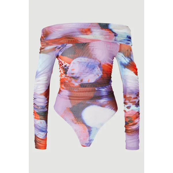 Body en Maille Imprimé Floral à Épaules Dénudées