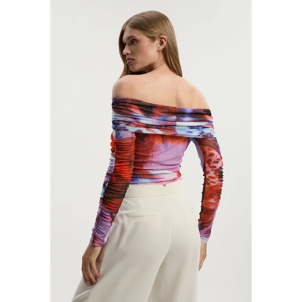 Body en Maille Imprimé Floral à Épaules Dénudées