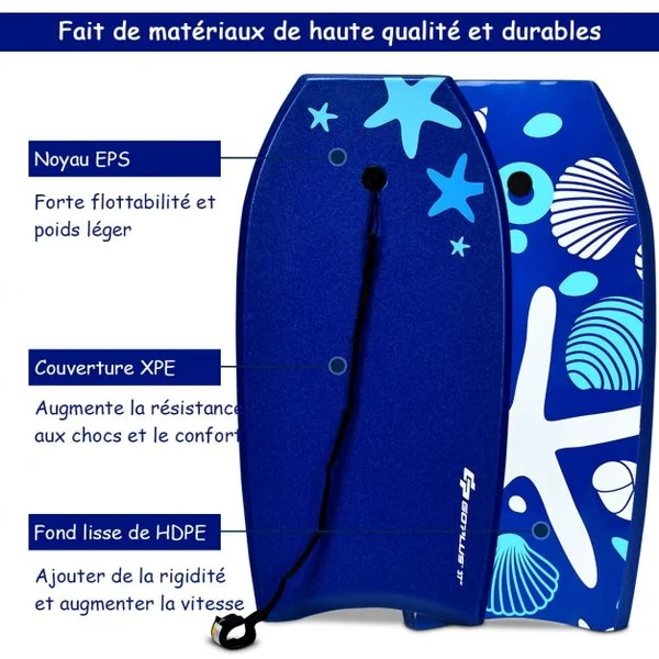 Bodyboard Planche de Surf avec Corde Capacité 60-95kg en XPE et HDPE, 105x51x6cm, Bleu et Blanc à Motif Étoile de Mer