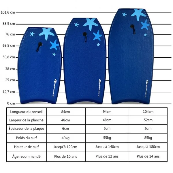 Bodyboard Planche de Surf avec Corde Capacité 60-95kg en XPE et HDPE, 105x51x6cm, Bleu et Blanc à Motif Étoile de Mer