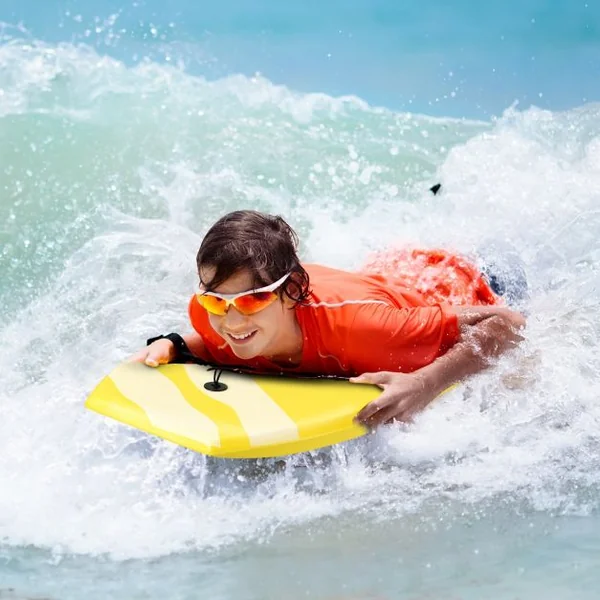 Bodyboard Planche de Surf avec Corde Capacité 60-95kg en XPE et HDPE, 105x51x6cm, Jaune à Motif Noix de Coco et Parasol