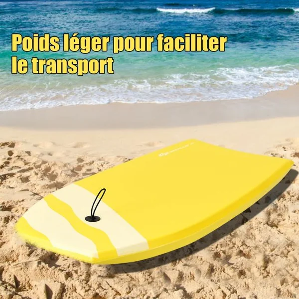 Bodyboard Planche de Surf avec Corde Capacité 60-95kg en XPE et HDPE, 105x51x6cm, Jaune à Motif Noix de Coco et Parasol