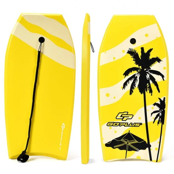 Bodyboard Planche de Surf avec Corde Capacité 60-95kg en XPE et HDPE, 105x51x6cm, Jaune à Motif Noix de Coco et Parasol