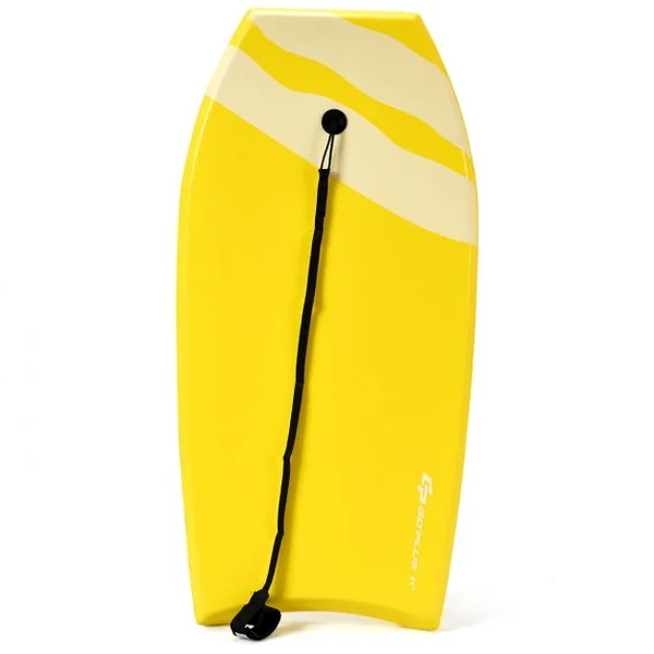 Bodyboard Planche de Surf avec Corde Capacité 60-95kg en XPE et HDPE, 105x51x6cm, Jaune à Motif Noix de Coco et Parasol