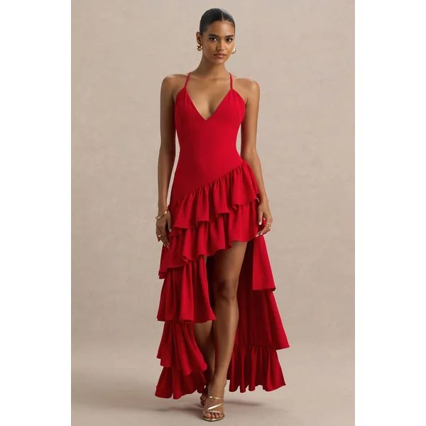 Bogota | Robe longue rouge à décolleté plongeant avec volants et fente haute à l'avant