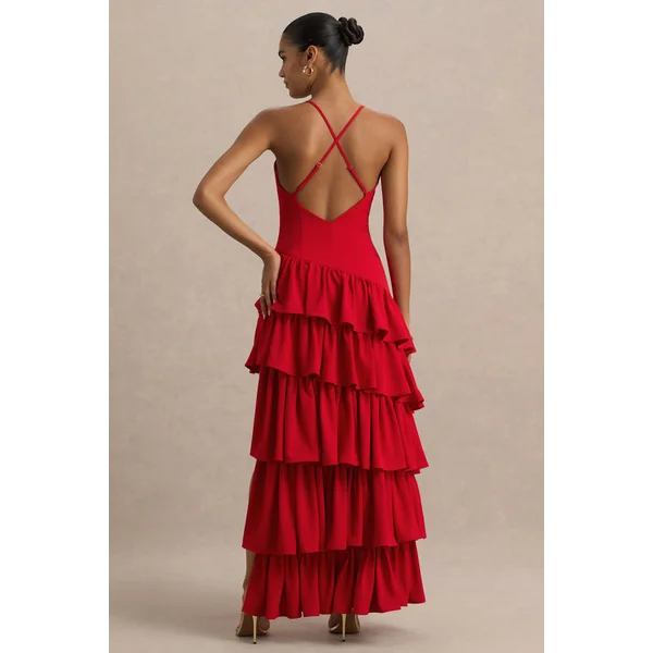 Bogota | Robe longue rouge à décolleté plongeant avec volants et fente haute à l'avant