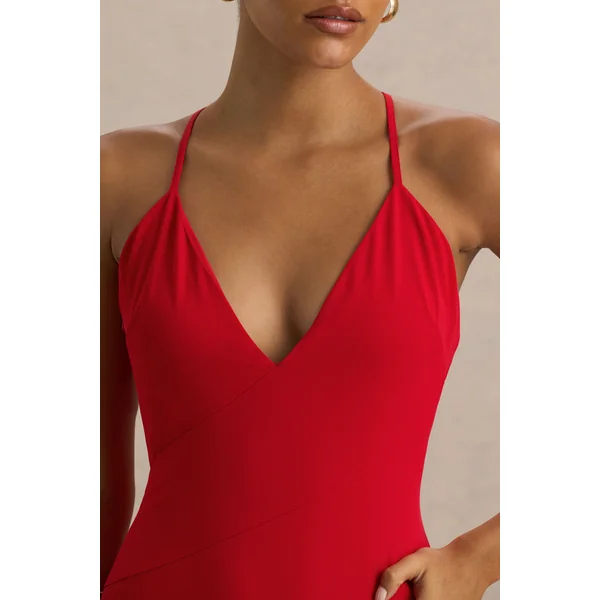 Bogota | Robe longue rouge à décolleté plongeant avec volants et fente haute à l'avant