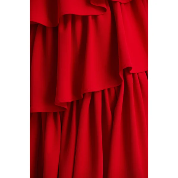 Bogota | Robe longue rouge à décolleté plongeant avec volants et fente haute à l'avant