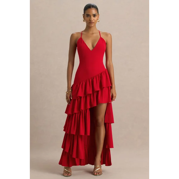 Bogota | Robe longue rouge à décolleté plongeant avec volants et fente haute à l'avant