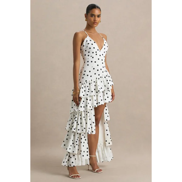 Bogota | Robe longue à pois avec décolleté plongeant volants et fente haute frontale