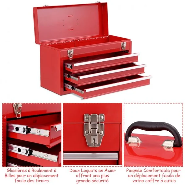 Boite à outils Coffre à 3 tiroirs Malette à outils complète pour bricolage mécanique réparation, 52x21,8x30cm, Rouge