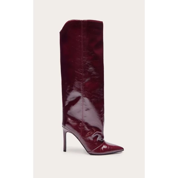 Bordeaux Bottes Au Genou Froncées En Cuir Verni Froissé