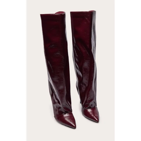 Bordeaux Bottes Au Genou Froncées En Cuir Verni Froissé