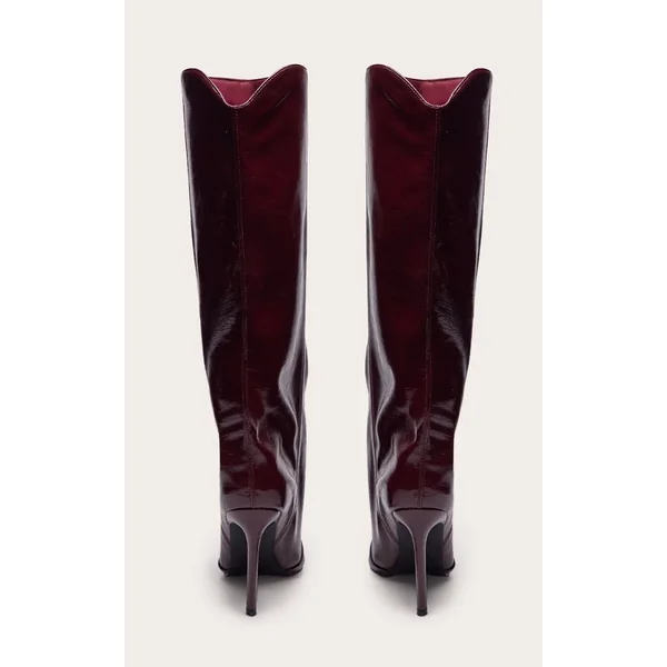 Bordeaux Bottes Au Genou Froncées En Cuir Verni Froissé