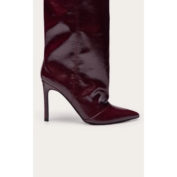 Bordeaux Bottes Au Genou Froncées En Cuir Verni Froissé