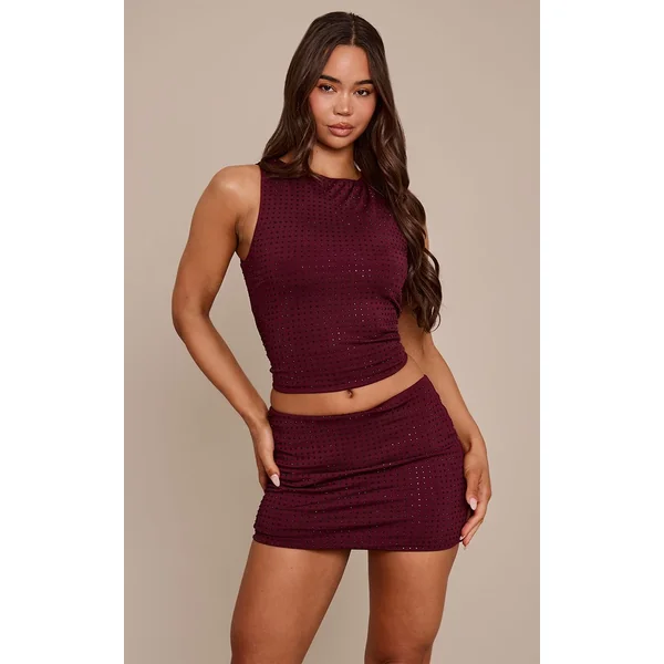 Bordeaux Mini-jupe Taille Basse À Strass Thermocollants Coordonnée