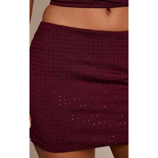 Bordeaux Mini-jupe Taille Basse À Strass Thermocollants Coordonnée