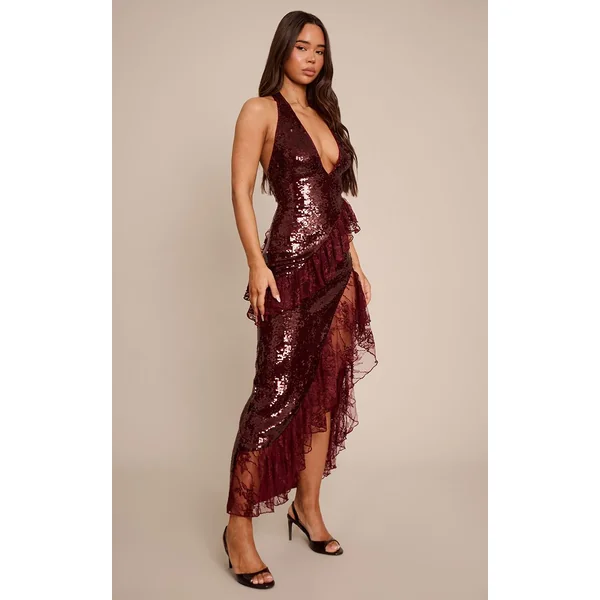 Bordeaux Robe Longue À Col En V Et Volants